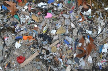 A pile of broken pieces of plastic and other trash on an otherwise sandy beach.