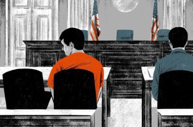 A drawn illustration of the inside of a courtroom. On the left, an inmate dressed in an orange jumpsuit is looking at the empty seat next to them where their defense attorney should be sitting. On the right, sitting at a separate table, is a prosecutor.