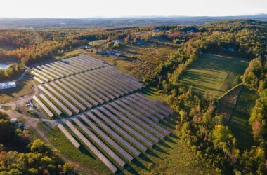 Aerial view of solar power utility panels surrounded by trees