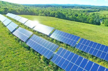 Solar power panels surrounded by green field and trees.
