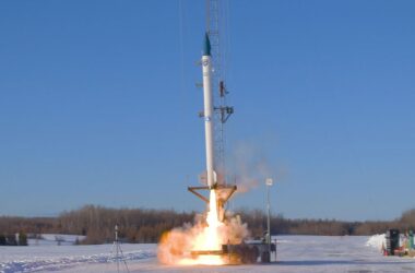 A blushift rocket begins to launch into the sky after lift off in Limestone.