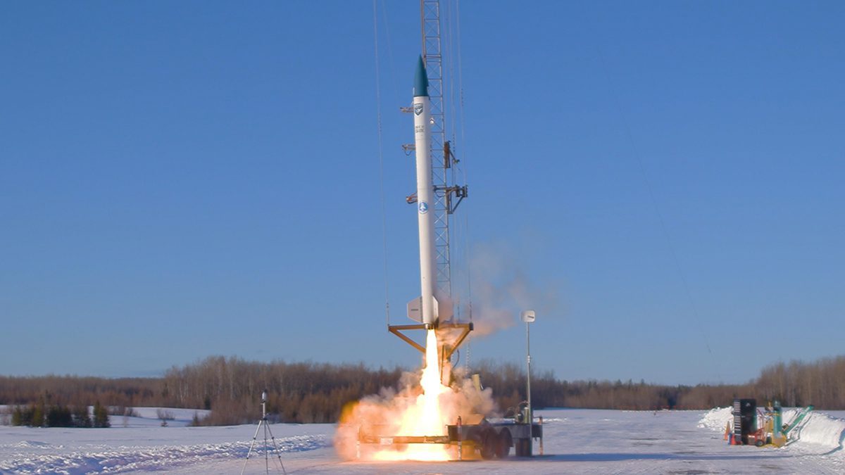 A blushift rocket begins to launch into the sky after lift off in Limestone.