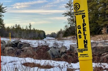 Yellow pole natural gas pipeline marker in Otisfield, Maine