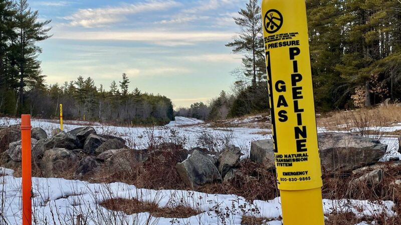 Yellow pole natural gas pipeline marker in Otisfield, Maine