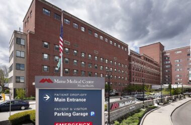 The exterior entrance sign to the Maine Medical Center in Portland.