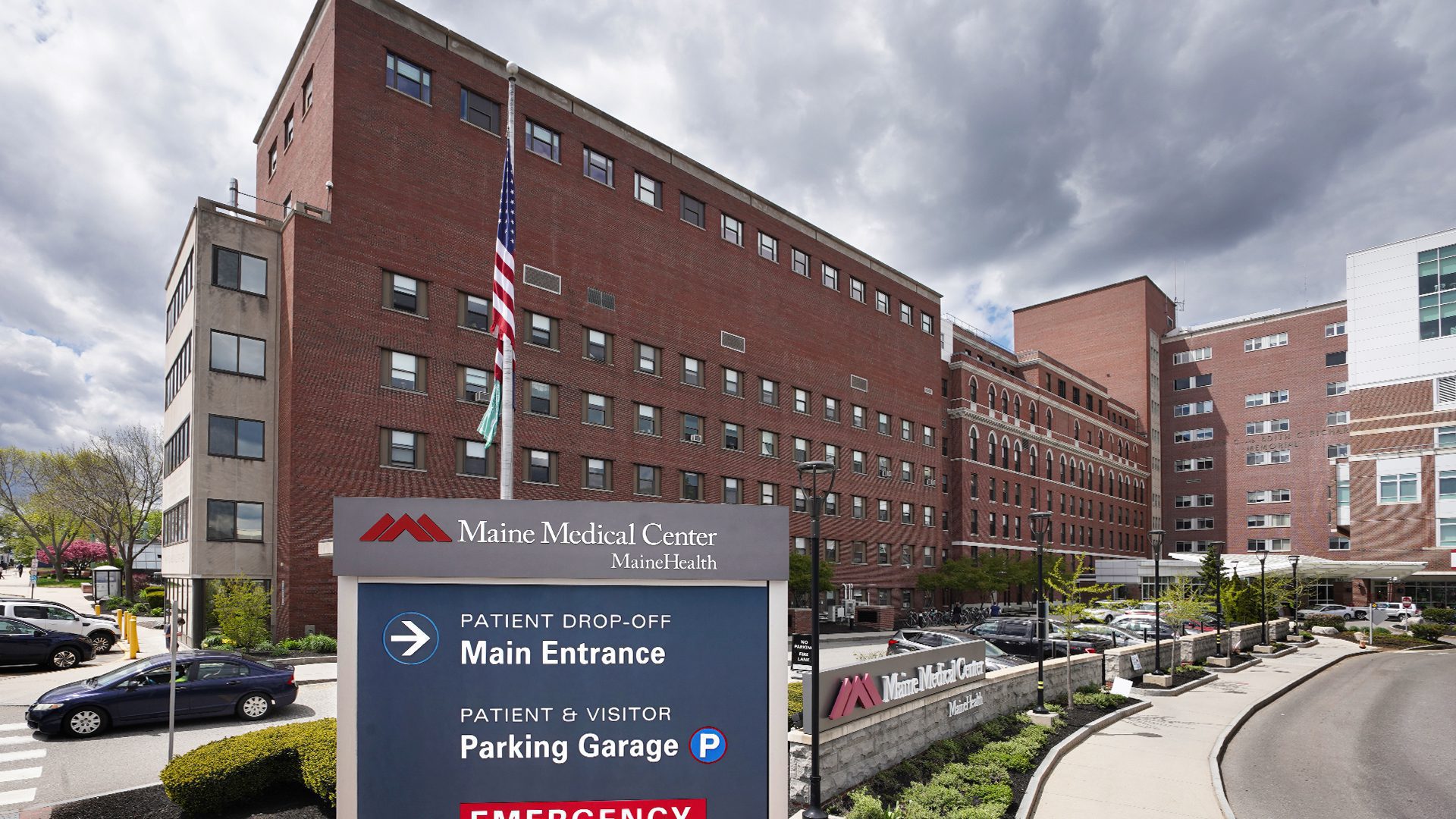 The exterior entrance sign to the Maine Medical Center in Portland.