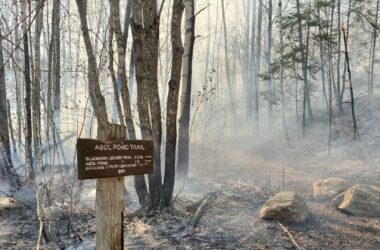 The entrance to the Abol Pond Trail that is covered in smoke