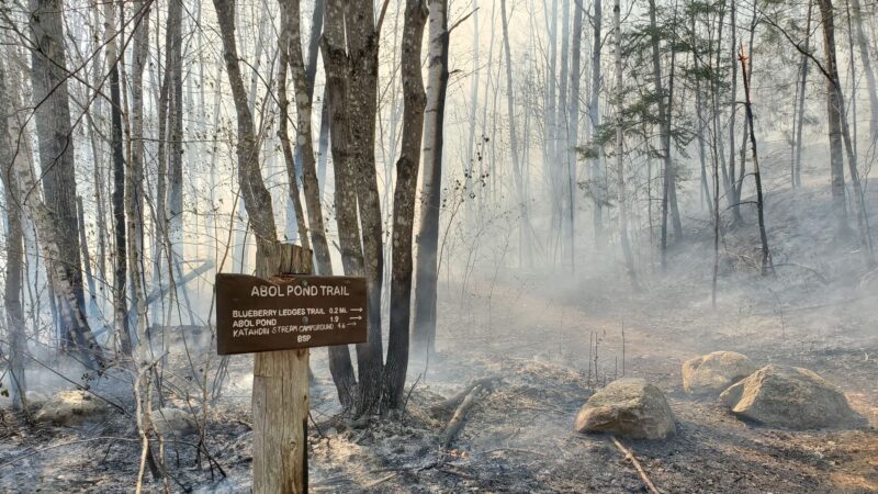 The entrance to the Abol Pond Trail that is covered in smoke