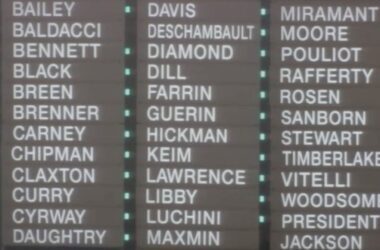 Many of the lights near state senators names on a roll call board in the Maine State Senate are lit green for affirmative votes.