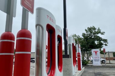 A charging station for Teslas in a parking lot