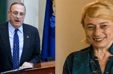A composite image showing Paul LePage on the left and Janet Mills on the right.