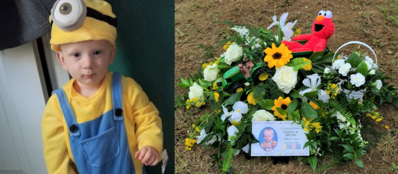 A composite image of two Maddox Williams photos. On the left is a photo of Maddox in a minions costume. On the right is a photo of flowers placed at the burial site of Maddox.