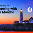 An image featuring a lit up lighthouse along water's edge featuring the logo for The Maine Monitor newsroom in the upper right corner of the image and overlayed text reading join us for an evening with The Monitor.