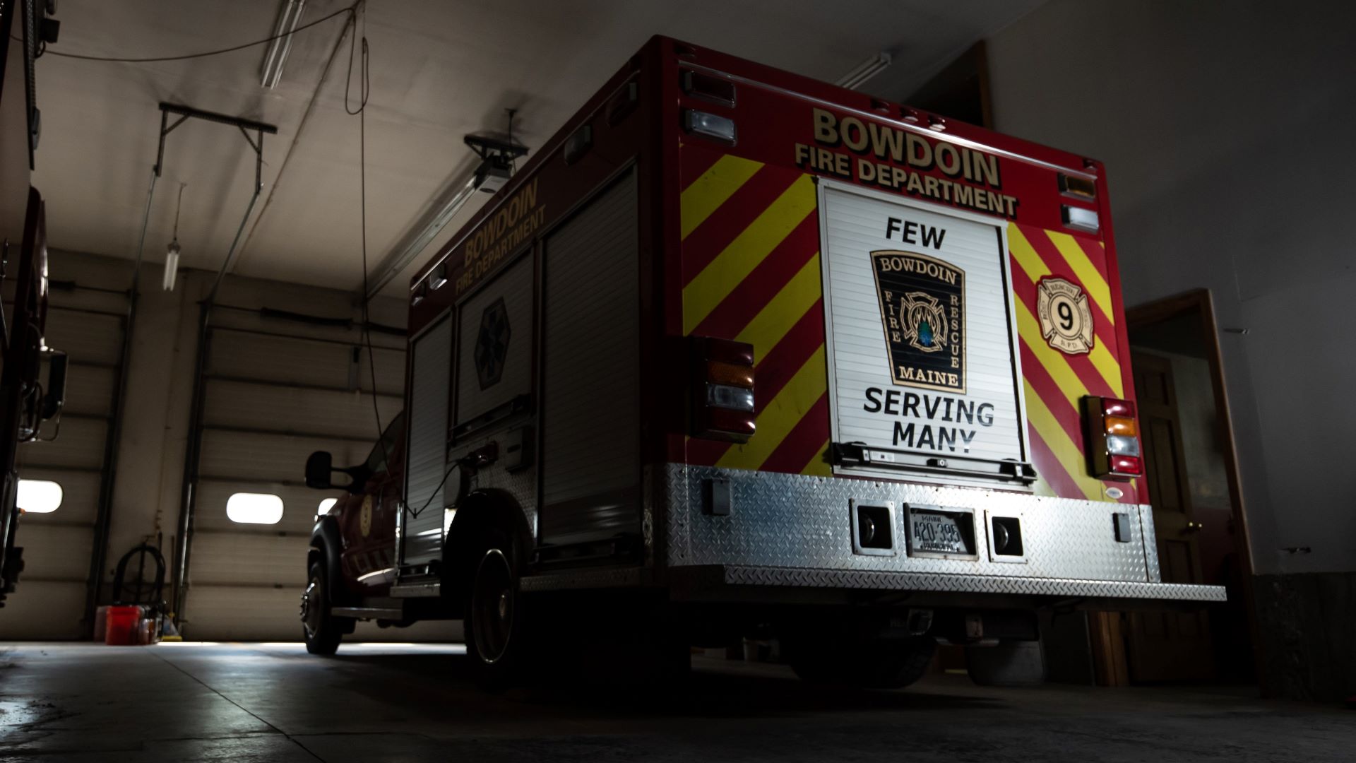 A Bowdoin ambulance within the Bowdoin Fire Department station.