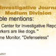A slide from the Institute of Nonprofit News award ceremony that lists the honorable mentions for the Best Investigative Journalism award in the medium division. The honorable mention works were "They think workers are like dogs" by the Midwest Center for Investigative Reporting, as well as "Defenseless" by The Maine Monitor.