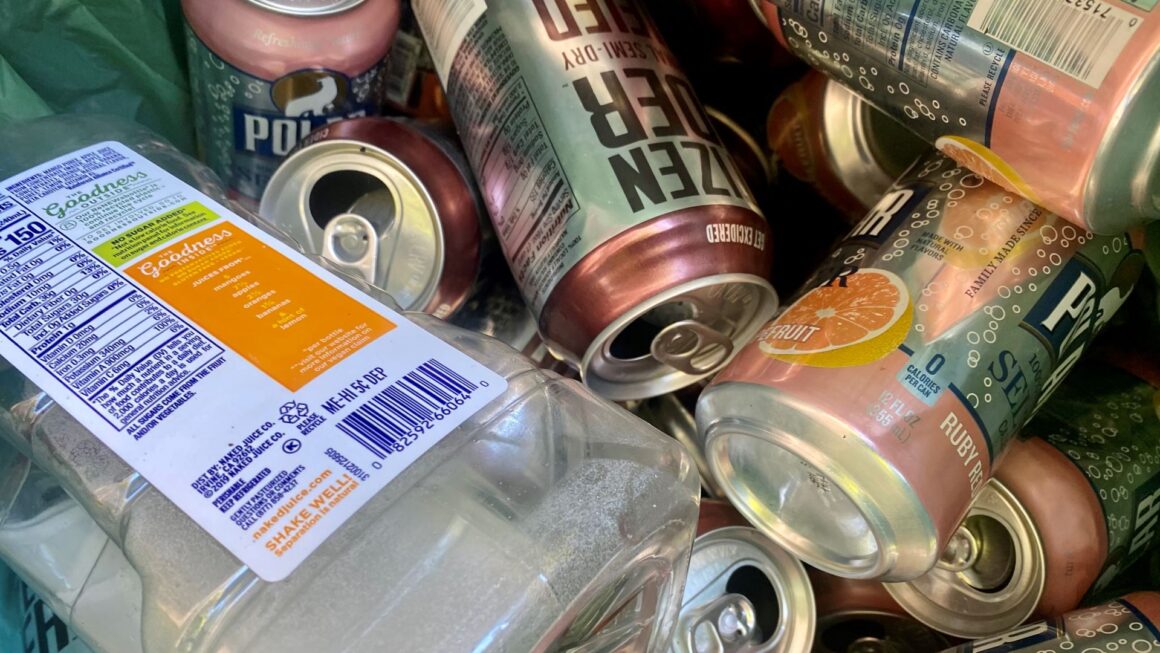 A pile of recycled bottles and cans.