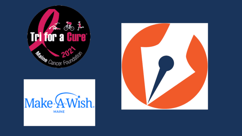 A collage of logos for the Maine Cancer Foundation's Tri for a Cure event, Make-a-Wish Maine, and The Maine Monitor.