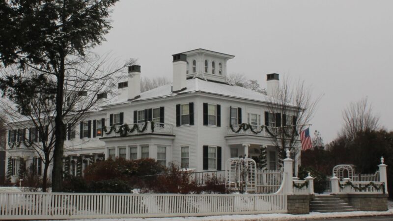 Exterior of the Blaine House on a snowy day