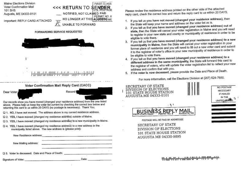 The front and back of a voter confirmation card sent to Maine residents by the state's secretary of state. There are several options on the reply card for residents to check off to denote if their address is correct or if they have moved and need to update their voter registration.