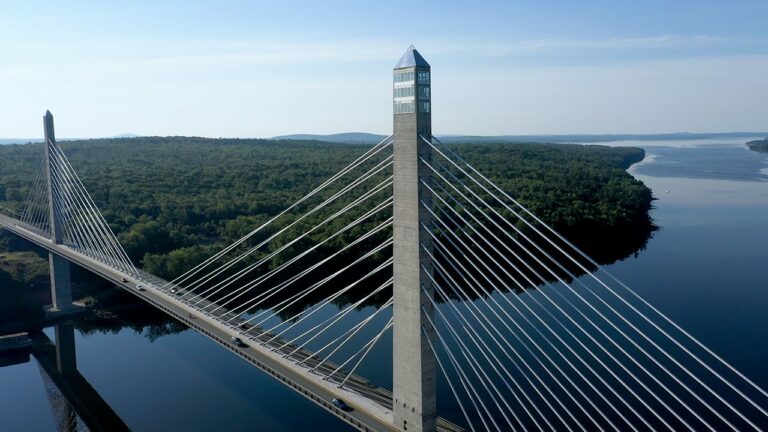 Aerial view of Penobscot Narrows Bridge and Observatory