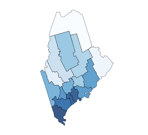 A blue-shaded map showing population growth by Maine county from 2016-2021