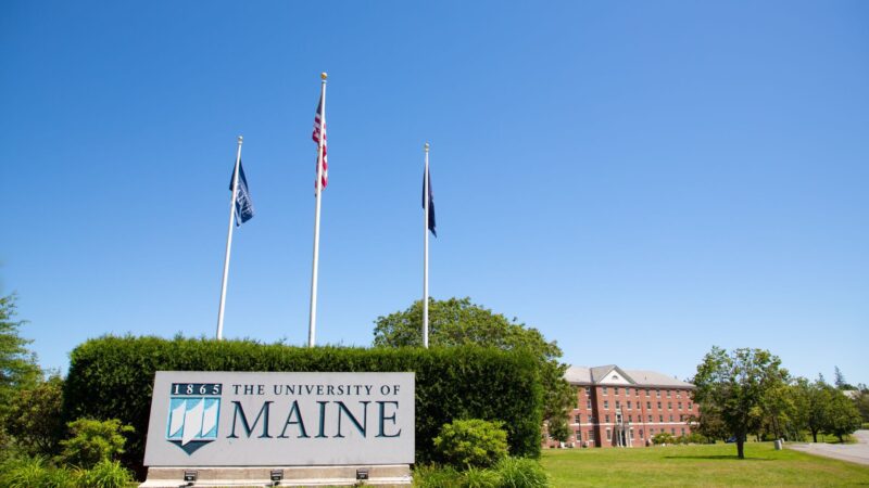 The University of Maine granite stone sign at the entrance of the Orono campus.