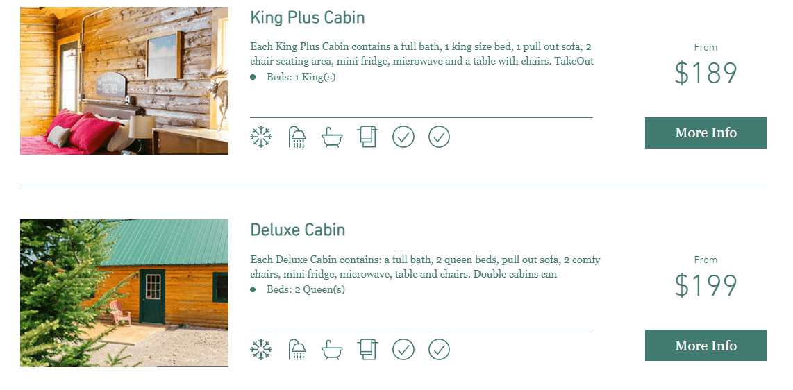 A screenshot of Worcester-owned cabins for rent 