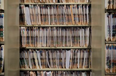 shelves in a courthouse filled with case files