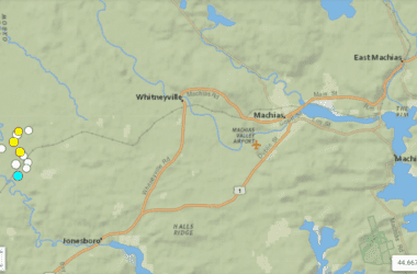 A map of Machias and the surrounding area including Whitneyville, East Machias, Jonesboro and Machiasport