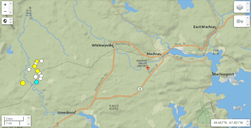 A map of Machias and the surrounding area including Whitneyville, East Machias, Jonesboro and Machiasport