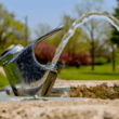 Water shoots out of a public water fountain