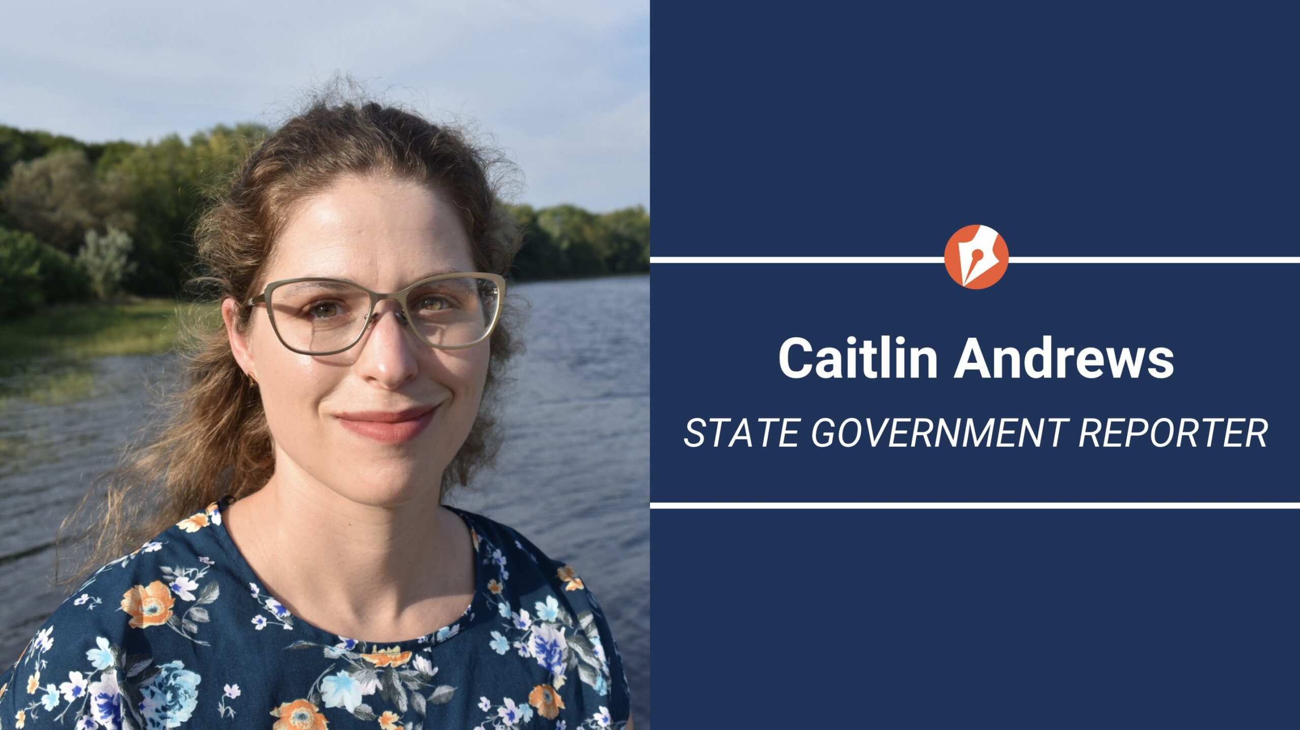 A graphic announcing the addition of Caitlin Andrews to The Maine Monitor newsroom. On left is her headshot. The text reads Caitlin Andrews State Government Reporter