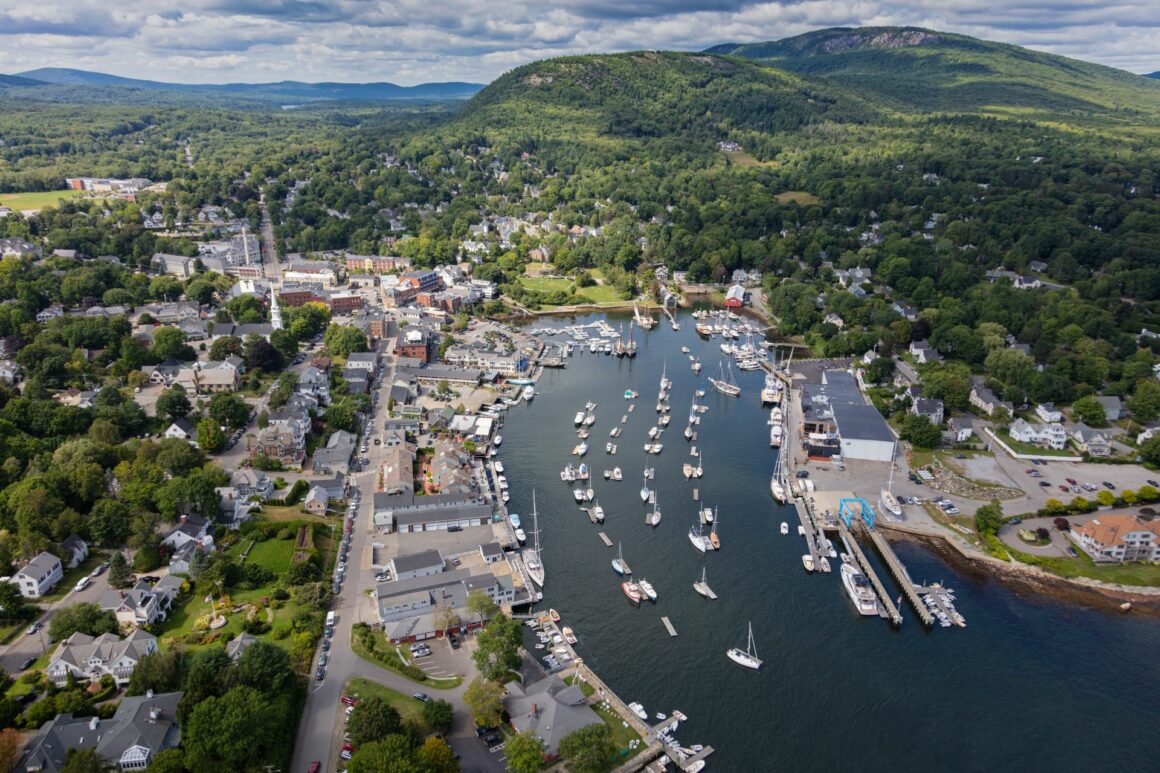 Aerial view of Camden Harbor showing how close buildings are to the water