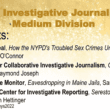 A slide from the Institute for Nonprofit News award ceremony. The text reads "Best Investigative Journalism: Medium Division." Finalists were The Appeal for How the NYPD's Troubled Sex Crimes Unit is Set up To Fail by Meg O'Connor; Center for Collaborative Investigative Journalism for Gaming the Lottery by Raymond Joseph; The Maine Monitor for Eavesdropping in Maine Jails by Samantha Hogan and Midwest Center for Investigative Reporting for Seresto series by Johnathan Hettinger