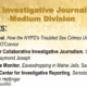 A slide from the Institute for Nonprofit News award ceremony. The text reads "Best Investigative Journalism: Medium Division." Finalists were The Appeal for How the NYPD's Troubled Sex Crimes Unit is Set up To Fail by Meg O'Connor; Center for Collaborative Investigative Journalism for Gaming the Lottery by Raymond Joseph; The Maine Monitor for Eavesdropping in Maine Jails by Samantha Hogan and Midwest Center for Investigative Reporting for Seresto series by Johnathan Hettinger