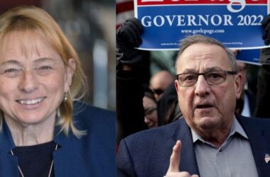 Side-by-side photos of Gov. Janet Mills and former Gov. Paul LePage