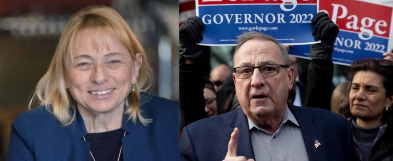 Side-by-side photos of Gov. Janet Mills and former Gov. Paul LePage