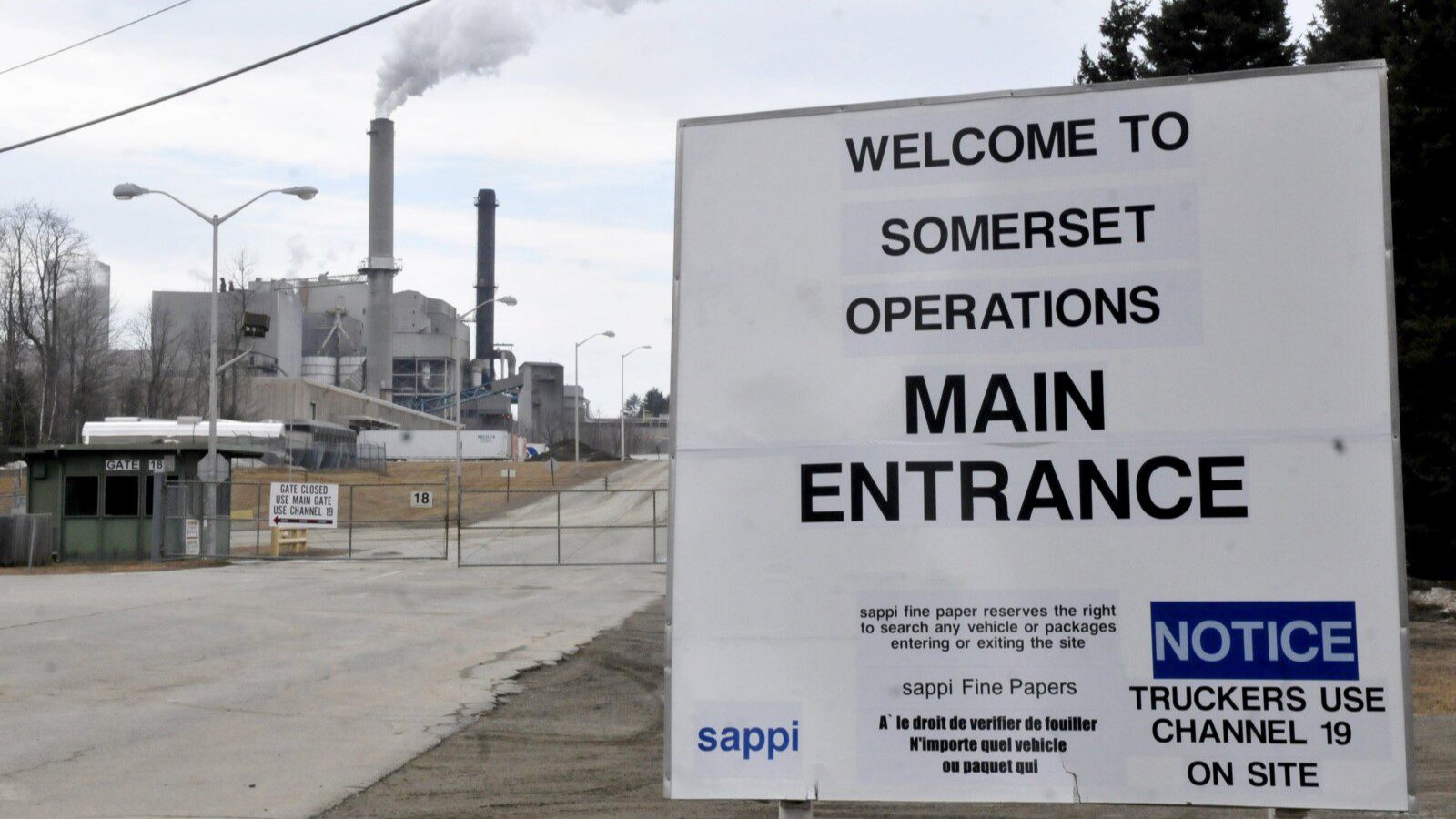 A sign at the entrance of the Sappi Mill. The sign reads "Welcome to Somerset Operations Main Entrance"