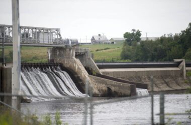 Water flows down the Shawmut Dam