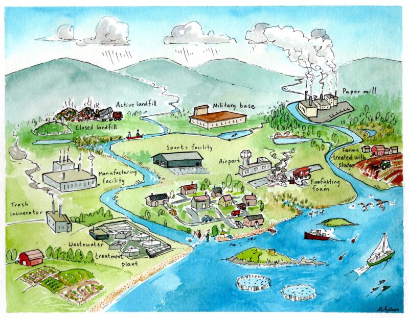 A hand-drawn map of areas contaminated by PFAS forever chemicals