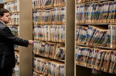 Cumberland County District Attorney Jonathan Sahrbeck sifts through a shelf packed with active case flies at the Cumberland County Courthouse.