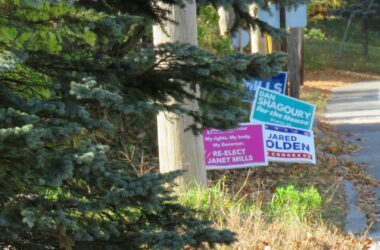 A group of campaign signs for Janet Mills, Dan Shagoury and Jared Golden along the side of a road.