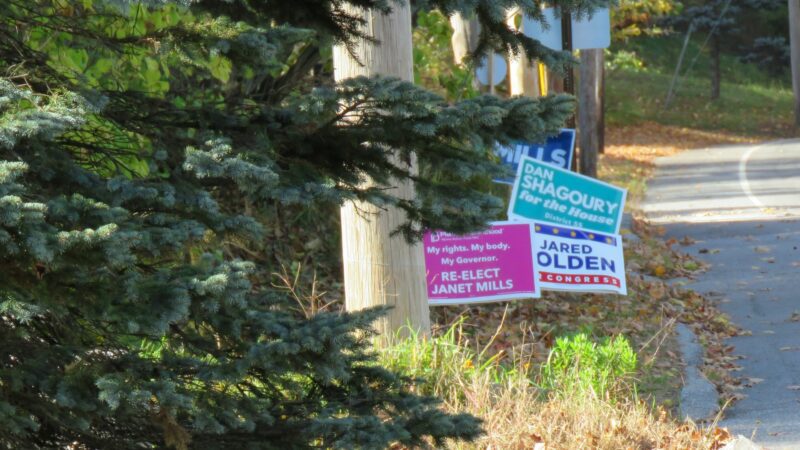 A group of campaign signs for Janet Mills, Dan Shagoury and Jared Golden along the side of a road.