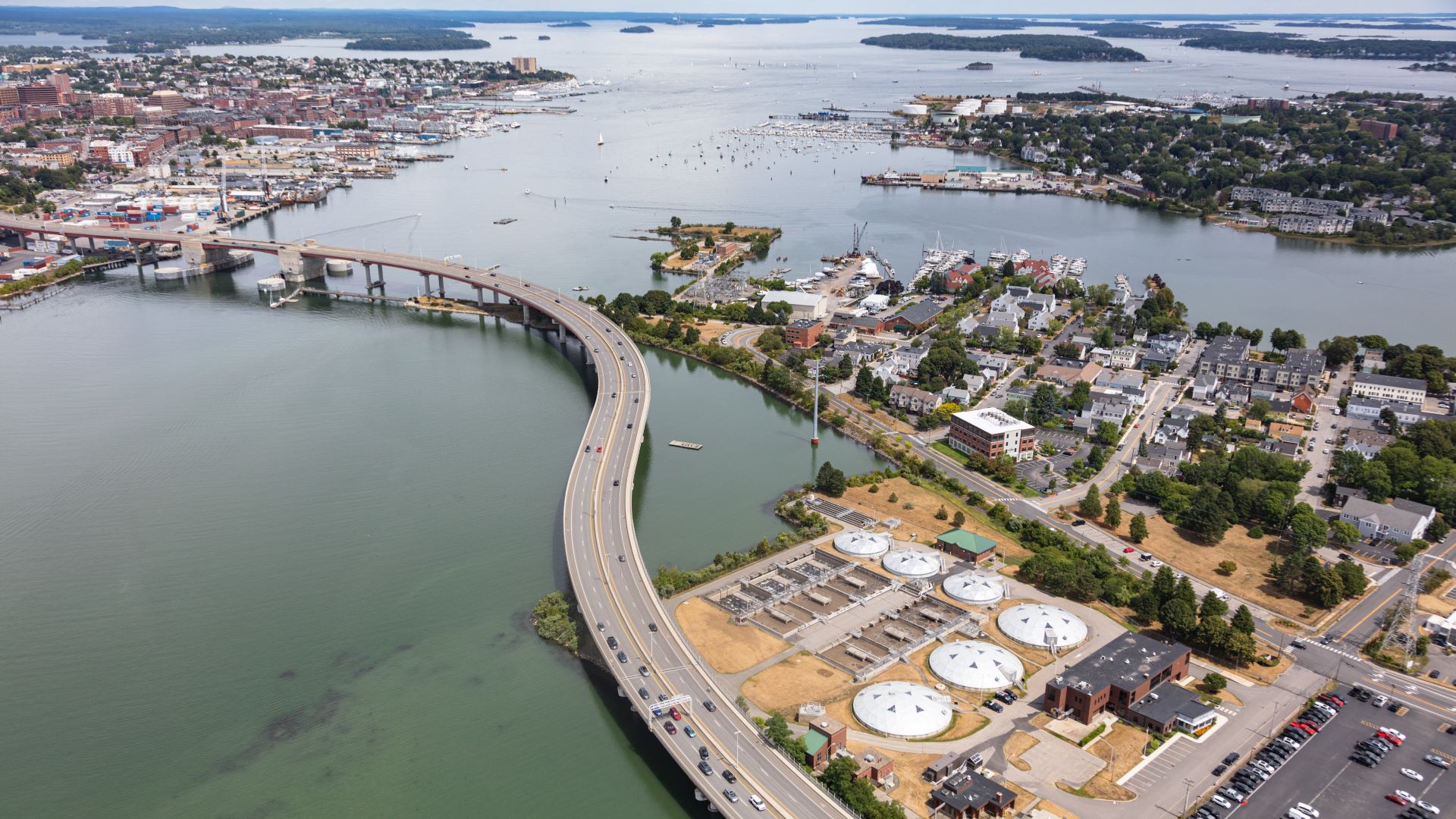 Aerial view of the bridge connecting Portland and South Portland