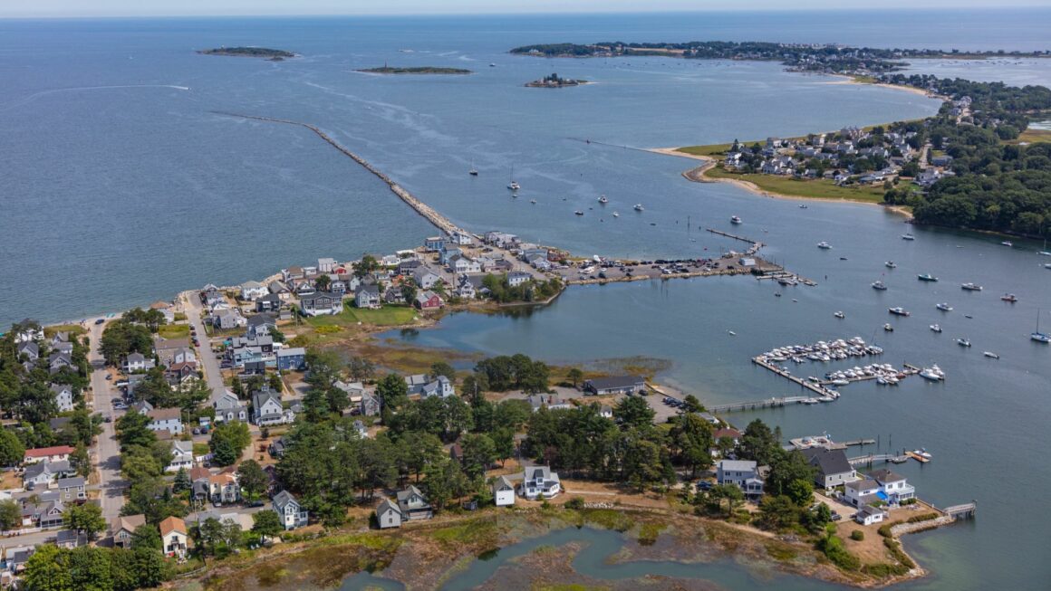 Aerial view of the end of Camp Ellis in Saco and how close homes are to the water