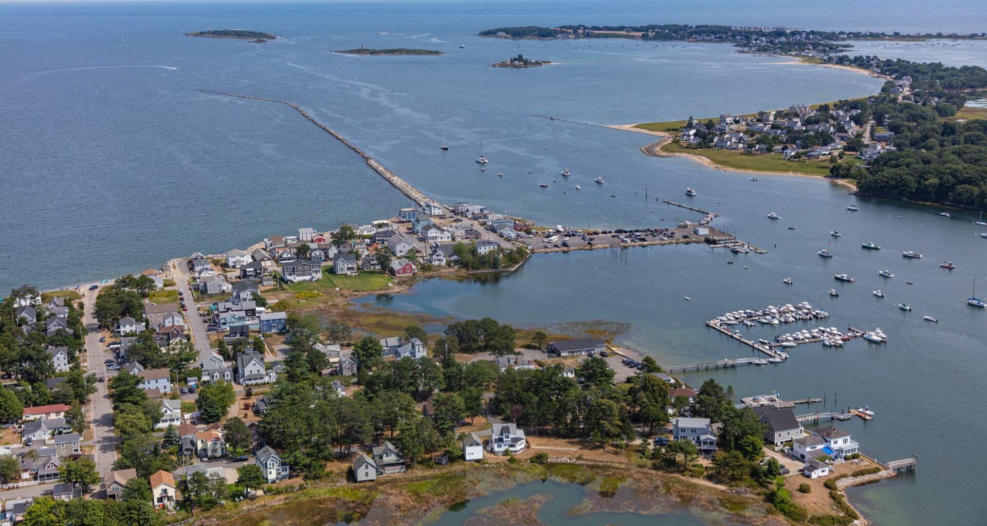 Aerial view of the end of Camp Ellis in Saco and how close homes are to the water