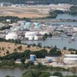 Aerial view of the petroleum tanks near the water in South Portland