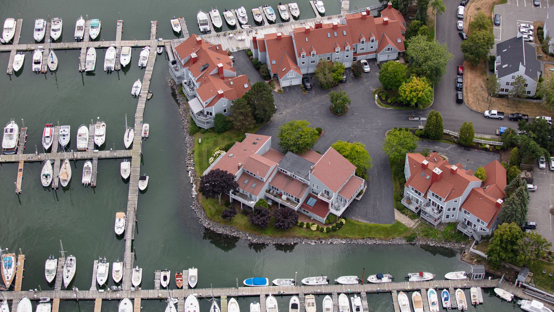 Aerial view of homes on the edge of the water in South Portland