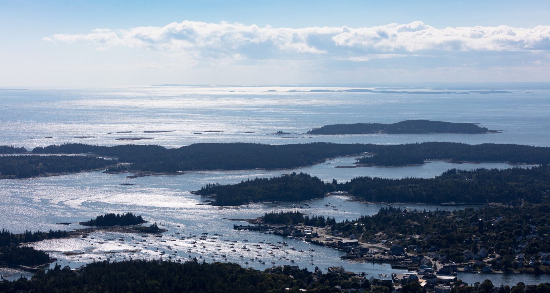 Aerial view of the water and horizon that surrounds Vinalhaven