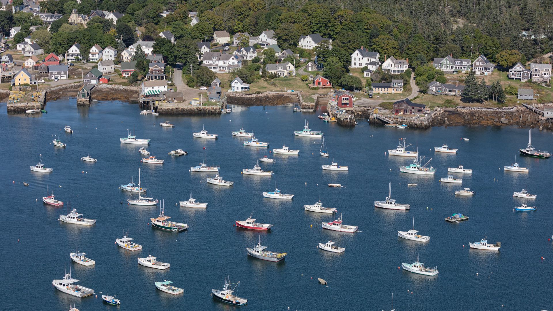 Aerial view of boats moored in the Vinalhaven harbor